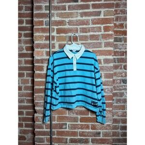 Champion Striped Polo Shirt Womens XXL Blue Teal Long Sleeve Cropped Rugby Top
